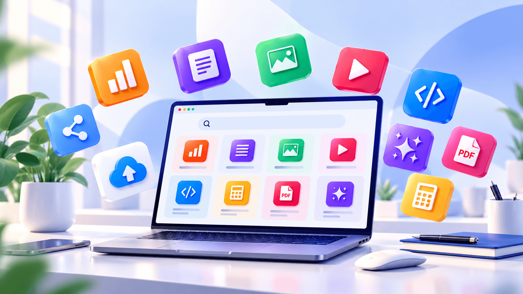 Laptop showing the ToolNest dashboard with floating tool icons